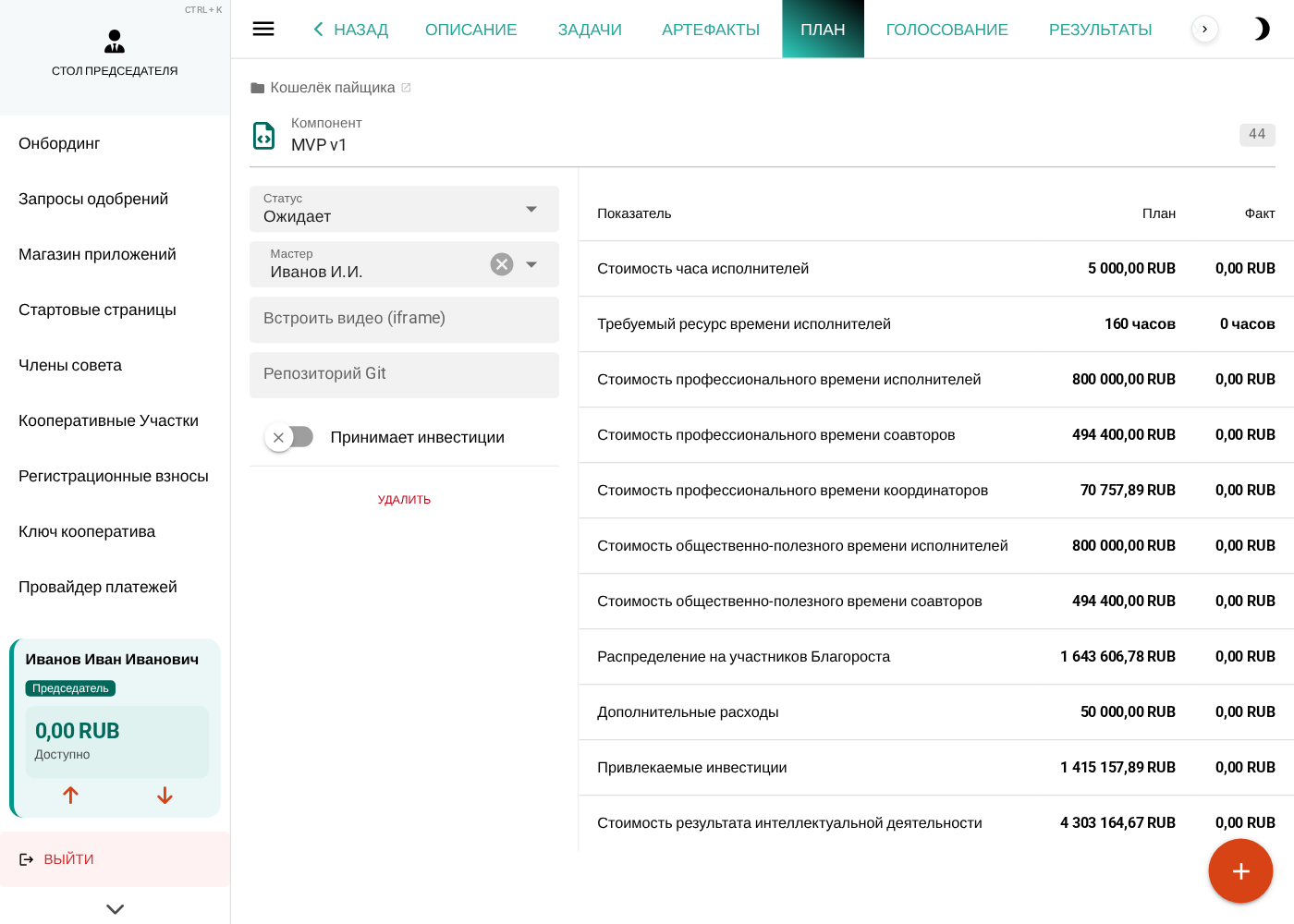 Вкладка «План» компонента «MVP v1»: таблица план/факт со всеми пулами, рассчитанными контрактом из трёх введённых значений