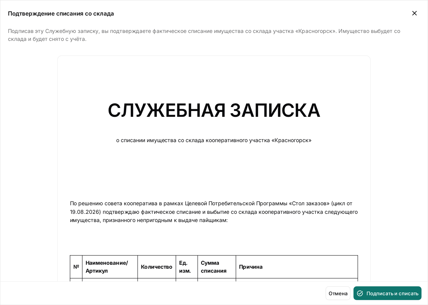 Служебная записка о списании